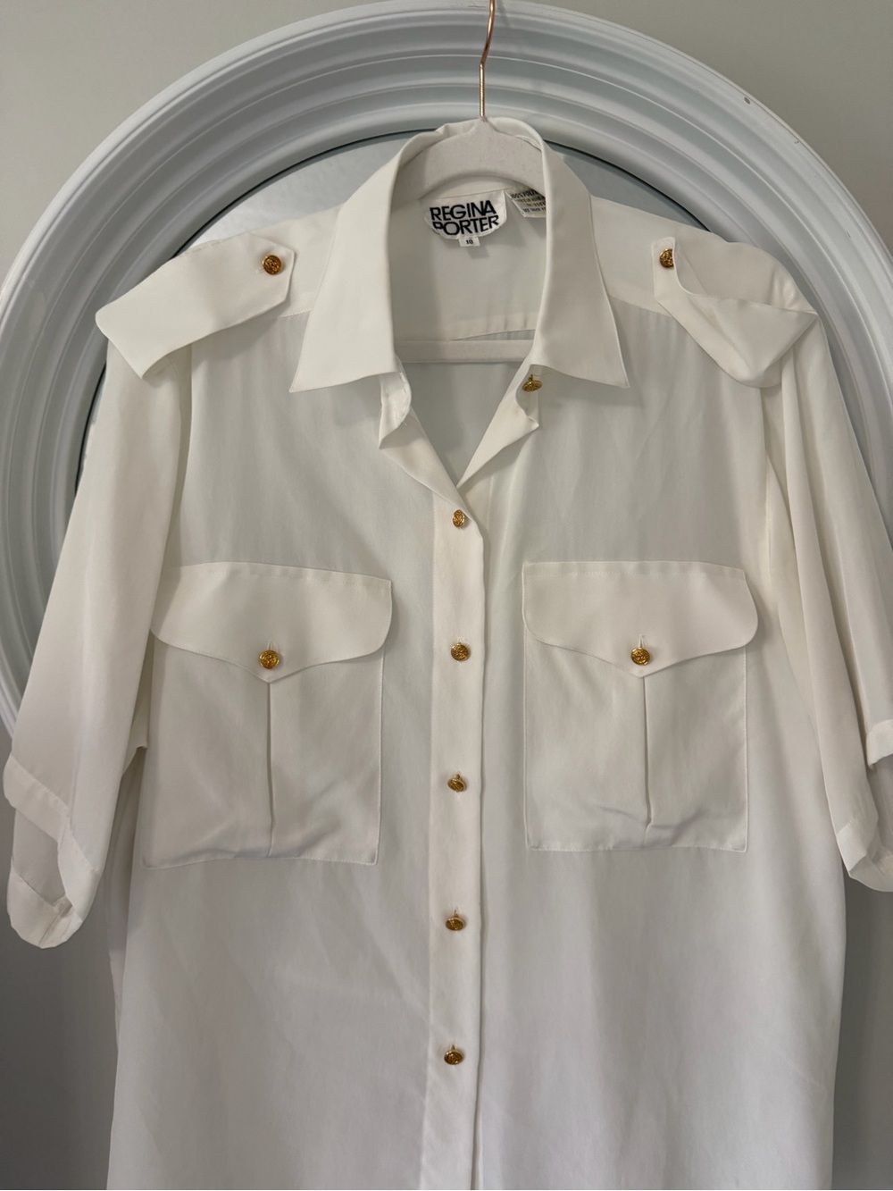 Vintage Regina Portes White Short-Sleeve Button-Front Utility Blouse